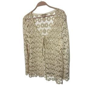 Toffee Apple Cardigan Large Crochet Open Knit Sheer Sweater Cream Boho Beige‎